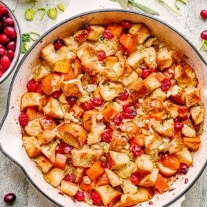 Sweet Potato and Cranberry Stuffing in a skillet.