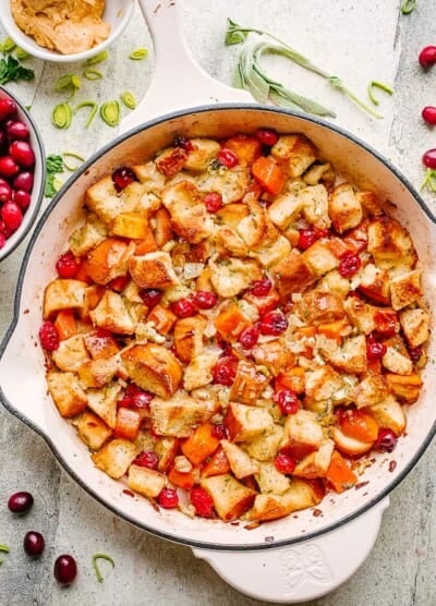 Sweet Potato and Cranberry Stuffing in a skillet.