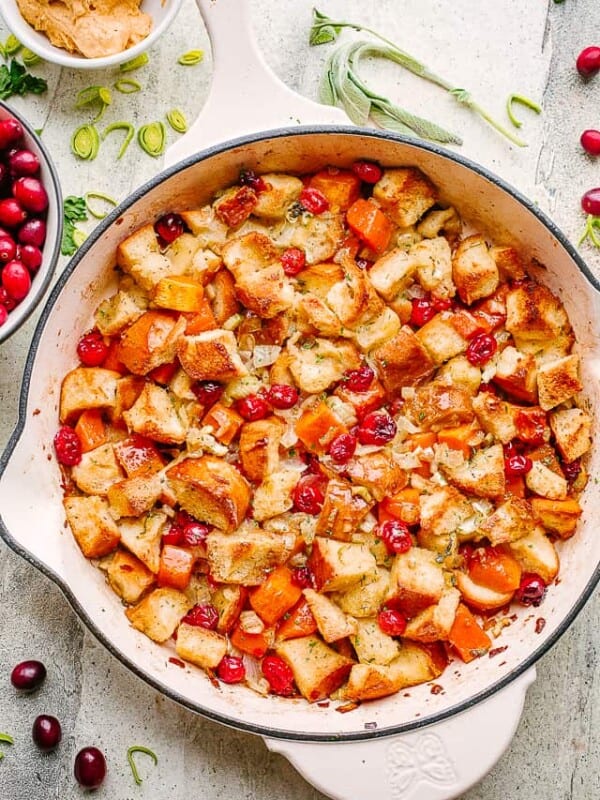 Sweet Potato and Cranberry Stuffing in a skillet.