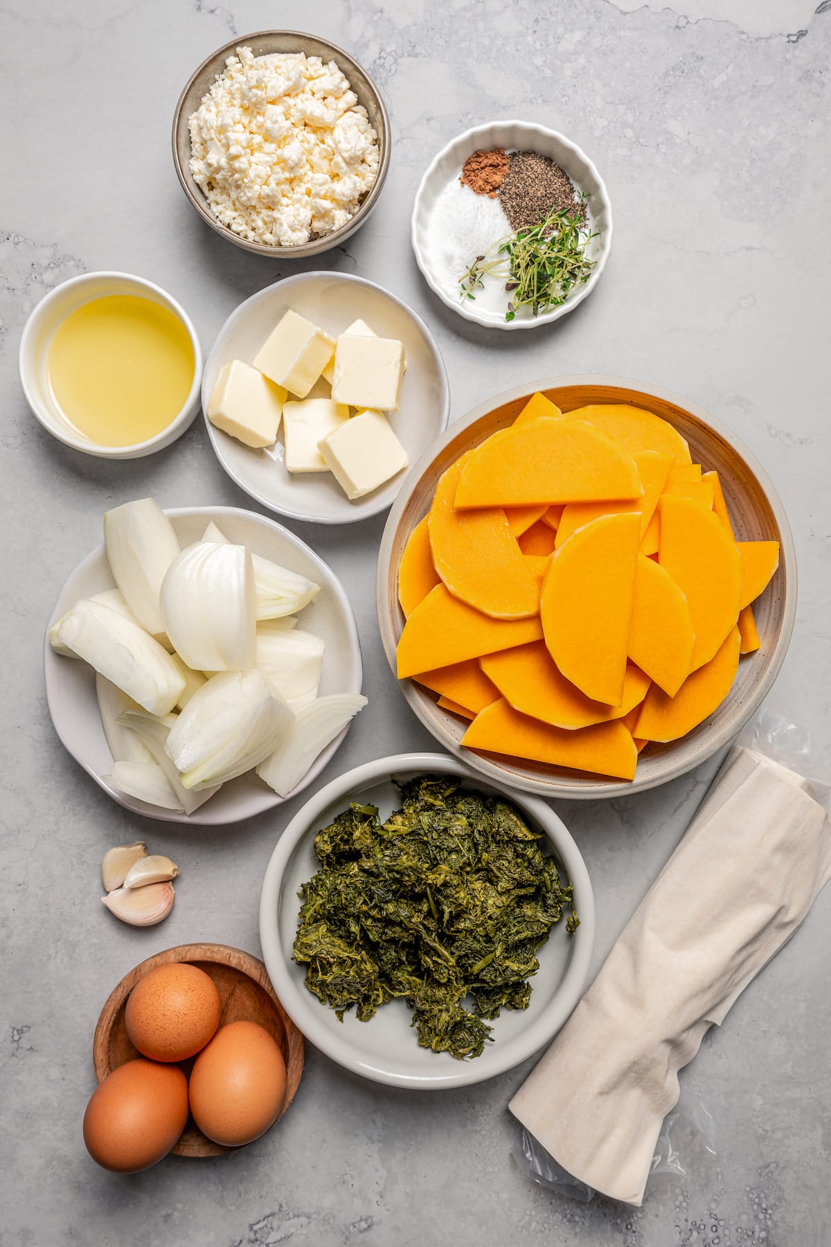 The ingredients for butternut squash and spinach pie.