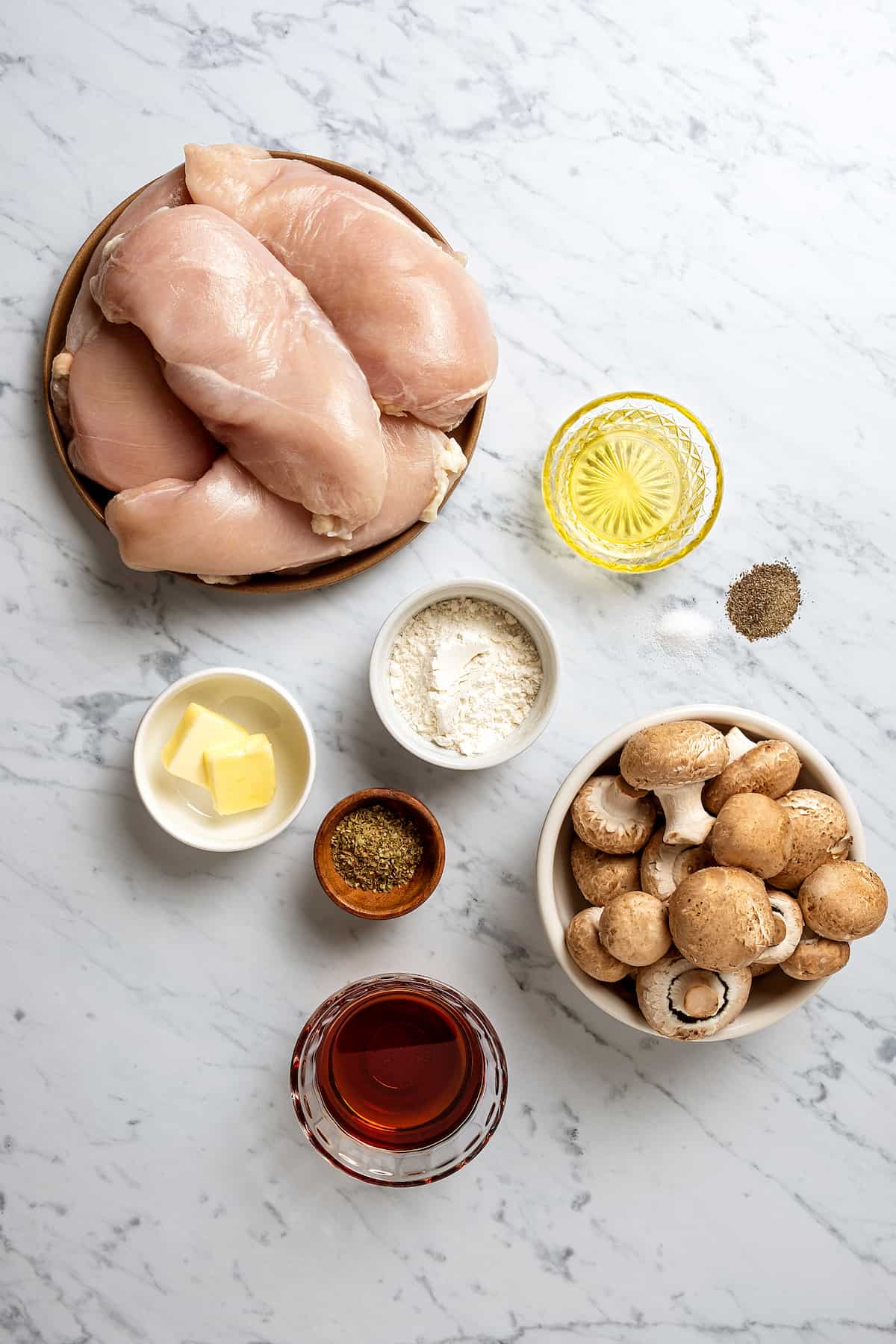 The ingredients for homemade chicken marsala.