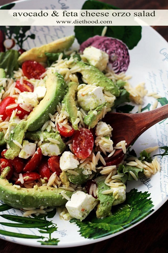 Avocado and Feta Cheese Orzo Salad served in a salad bowl