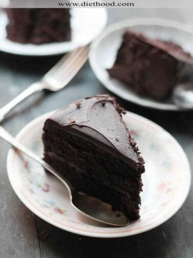 Slice of chocolate cake on a serving plate.