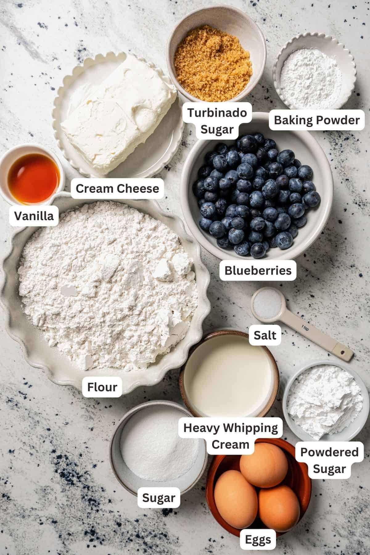 Blueberry scones ingredients with text labels overlaying each ingredient.