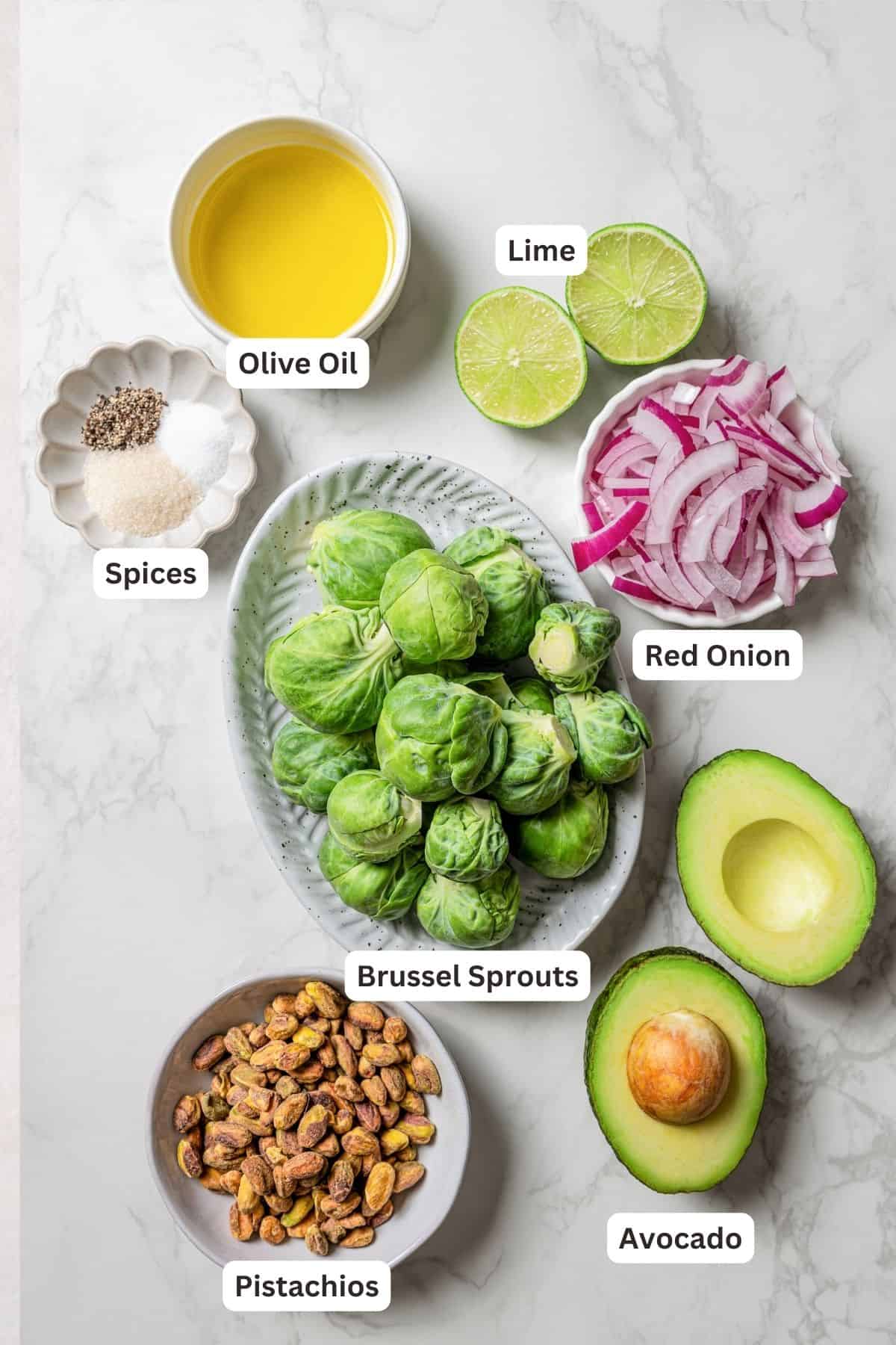 Ingredients for a shaved Brussels sprouts salad with text labels overlaying each ingredient.