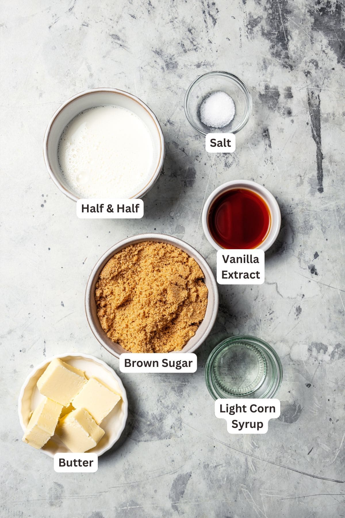 These sweet and gooey homemade caramel rolls require no yeast, rise time, or kneading. They're easy, quick, and best of all, delicious! Caramel filling ingredients with text labels overlaying each ingredient.