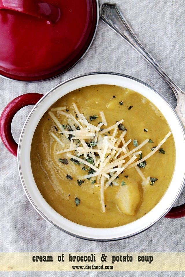Cream of Broccoli and Potato Soup in a soup pot.