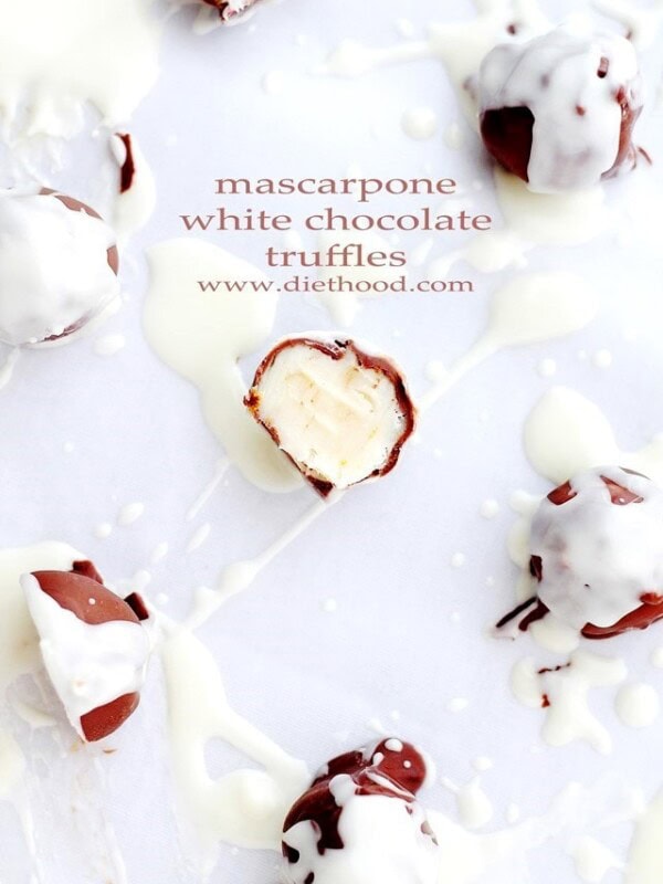 Mascarpone White Chocolate Truffles | www.diethood.com | Sweet and creamy truffles made with a silky mixture of white chocolate and mascarpone cheese.