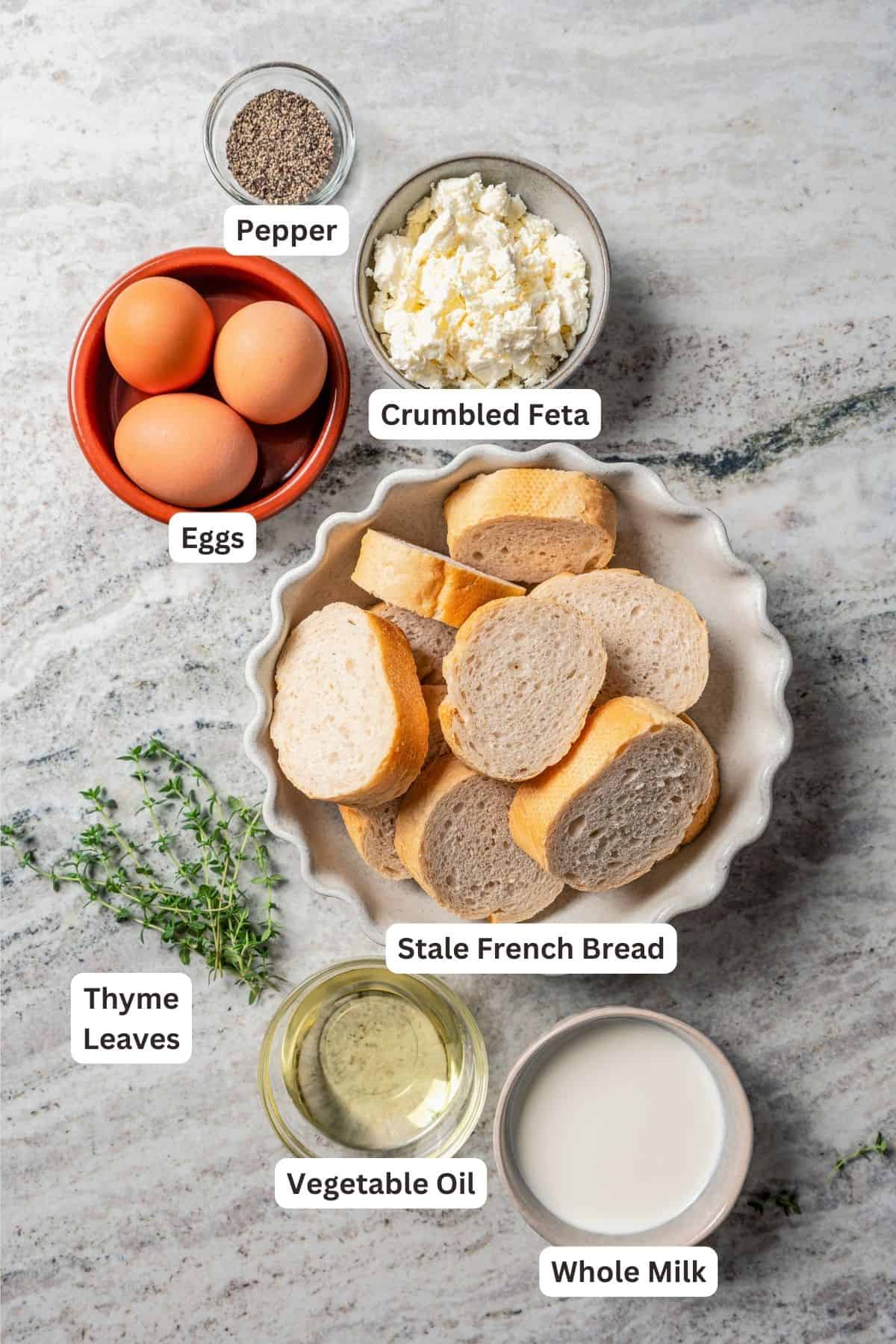 Ingredients for savory French toast with text labels overlaying each ingredient.