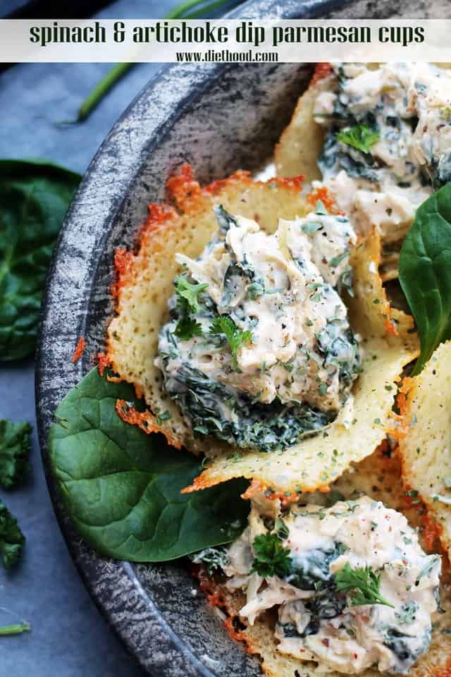 Close up of Spinach Artichoke Dip in crispy Parmesan Cups