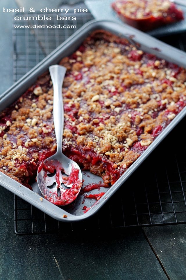 Basil and Cherry Pie Crumble Bars | www.diethood.com | A delicious mixture of basil and cherry pie filling nestled between a sweet and nutty graham cracker crust. | #recipe #dessert #cherries