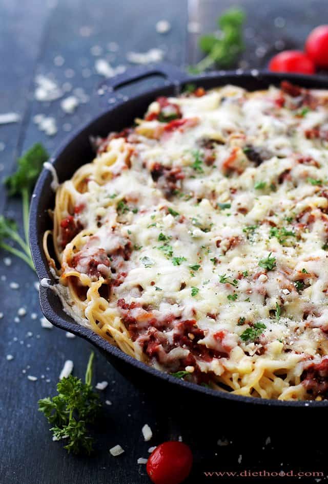 Spaghetti Beef Casserole Recipe | www.diethood.com | Layered spaghetti casserole dinner, combined with a saucy beef mixture cooked in butter olive oil, and topped with shredded parmesan and mozzarella cheese. | #recipe #casserole #pasta #shop #collectivebias