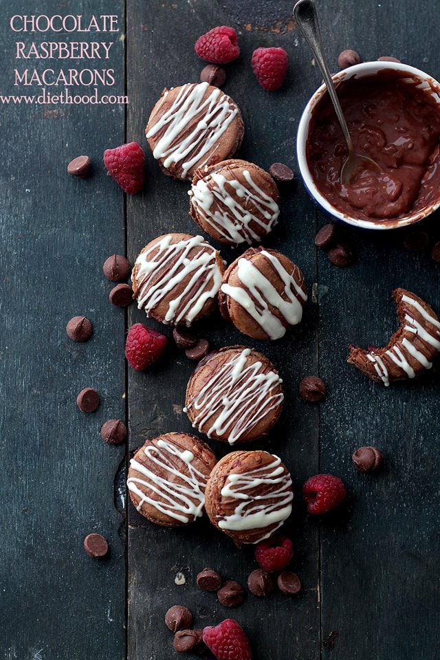 Chocolate Raspberry Macarons | www.diethood.com | Sweet, chocolaty, meringue-based sandwich cookies filled with a smooth and silky raspberry chocolate ganache. | #macarons #chocolate #BakeWithGhirardelli
