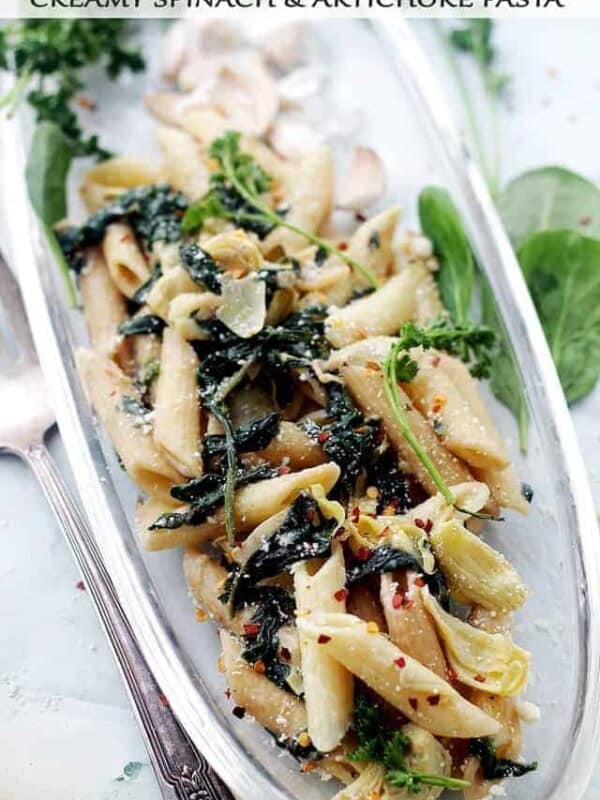 Spinach artichoke penne pasta with cream sauce.
