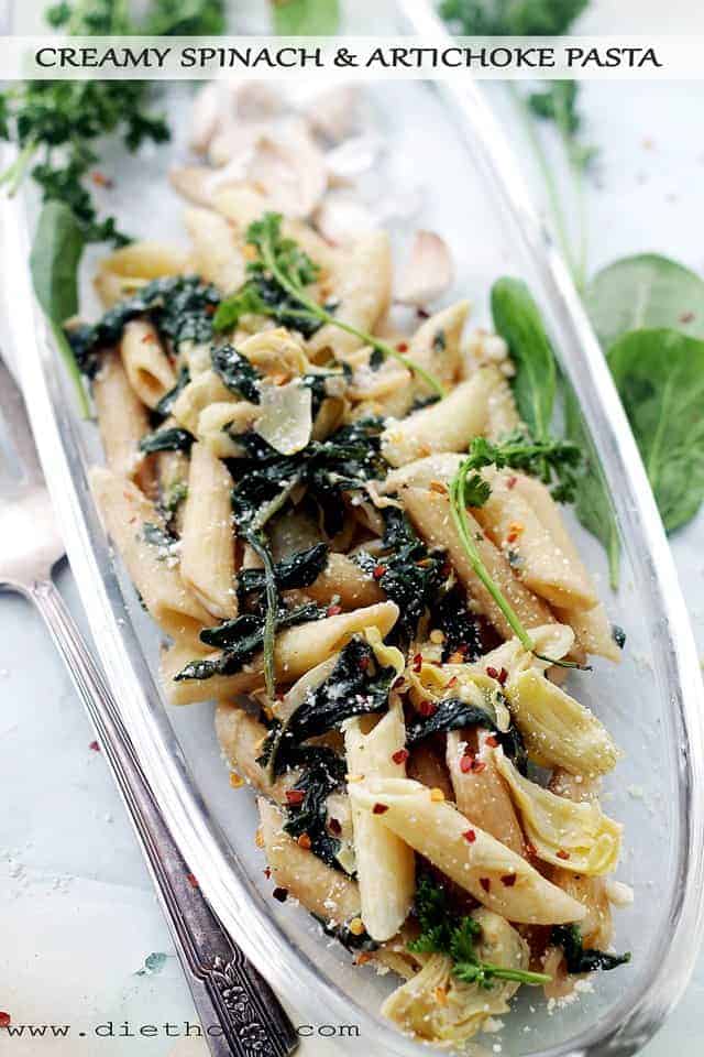 Spinach Artichoke Creamy Penne Pasta - Sauteed spinach and artichoke hearts are tossed with penne pasta and smothered in a cheesy and garlicky cream sauce.