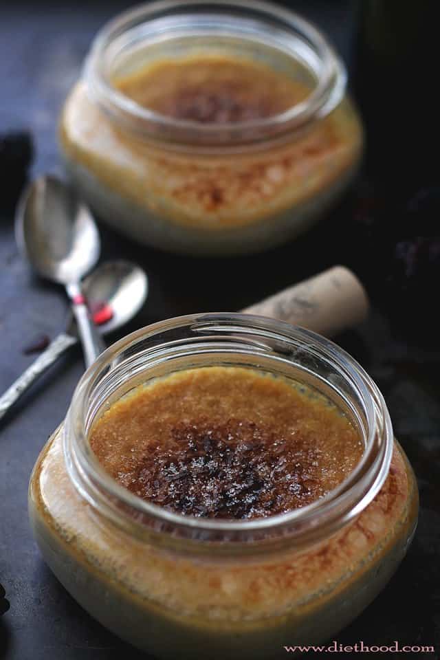 Red Wine Creme Brulee served in small jars.