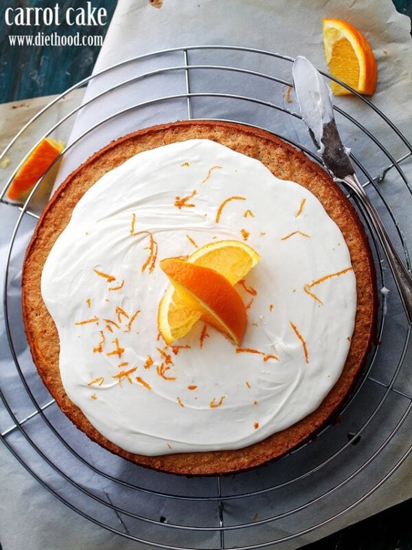 Flourless Carrot Cake with Mascarpone Frosting | www.diethood.com | Flourless, moist, and delicious carrot cake frosted with a delicate and creamy mascarpone frosting. | #recipe #carrotcake #glutenfree #cake