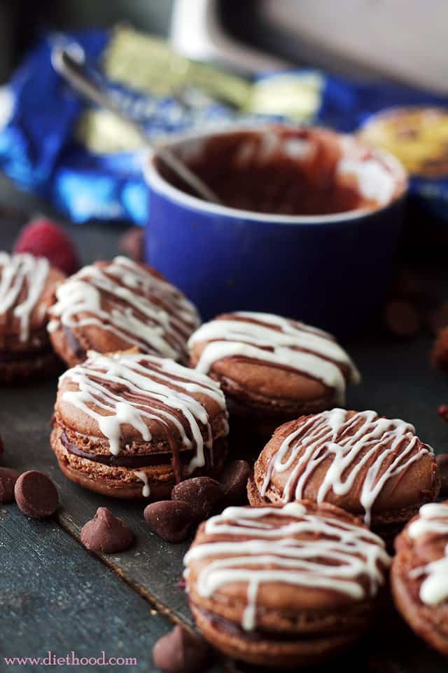 Chocolate Raspberry Macarons | www.diethood.com | Sweet, chocolaty, meringue-based sandwich cookies filled with a smooth and silky raspberry chocolate ganache. | #macarons #chocolate #BakeWithGhirardelli