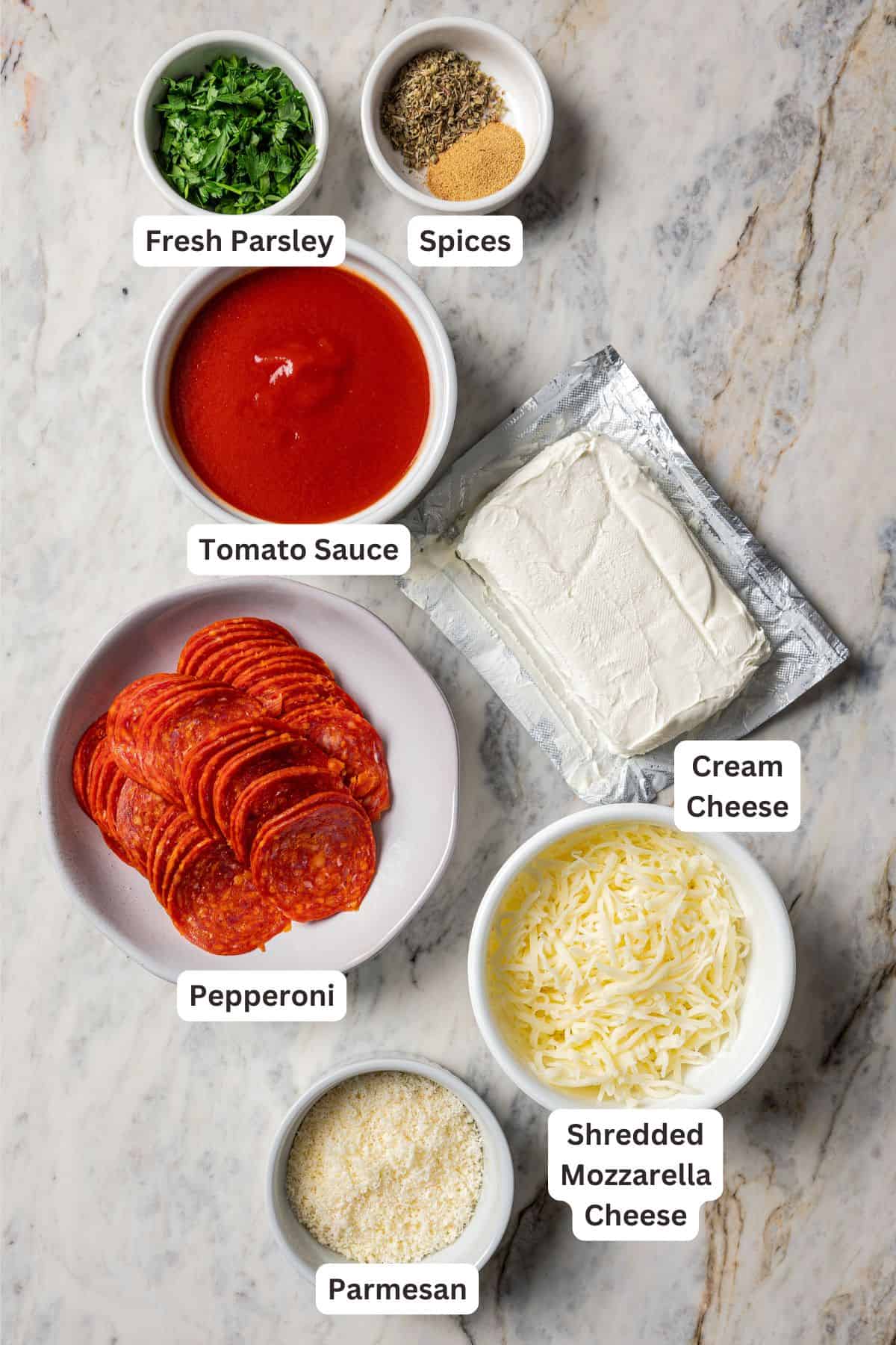 Pizza dip ingredients with text labels overlaying each ingredient.