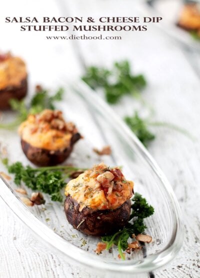 Salsa Bacon and Cheese Dip Stuffed Mushrooms | www.diethood.com | Creamy and cheesy Stuffed Mushrooms, bursting with a mixture of chunky salsa, crispy bacon and cheese. | #appetizers #superbowlrecipes #bacon
