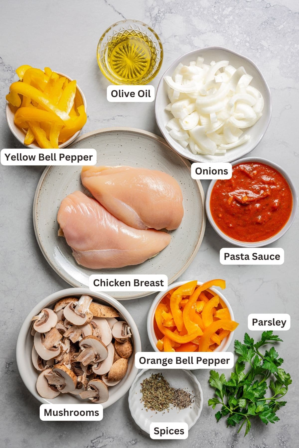 Labeled ingredients for saucy chicken. 