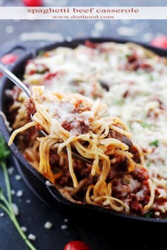 Spaghetti Beef Casserole Recipe | www.diethood.com | Layered spaghetti casserole dinner, combined with a saucy beef mixture cooked in butter olive oil, and topped with shredded parmesan and mozzarella cheese. | #recipe #casserole #pasta #shop #collectivebias
