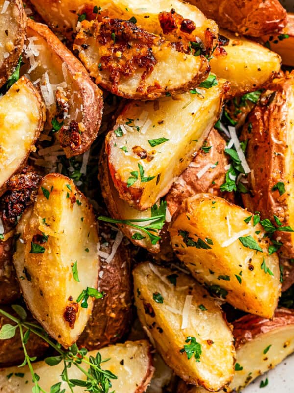 Upclose image of garlic parmesan roasted potatoes.