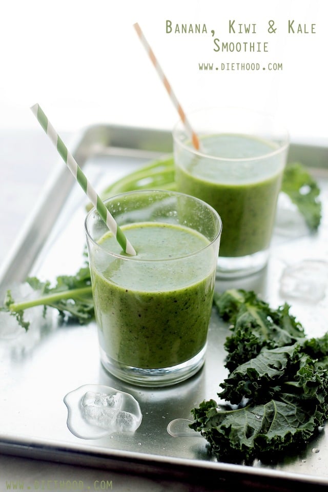Banana, Kiwi and Kale Smoothies in glasses on a silver tray