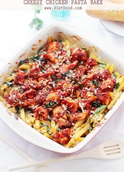 Cheesy Chicken Pasta Bake | www.diethood.com | Creamy, cheesy pasta, chicken, and spinach tossed with tomato sauce and baked until bubbly and delicious! | #recipe #chicken #pasta