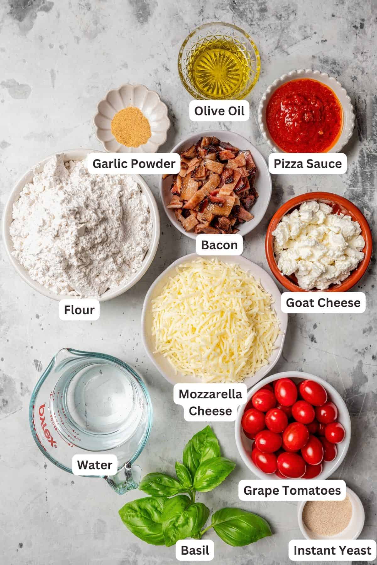 Ingredients for goat cheese pizza and the homemade crust, with text labels overlaying each ingredient.