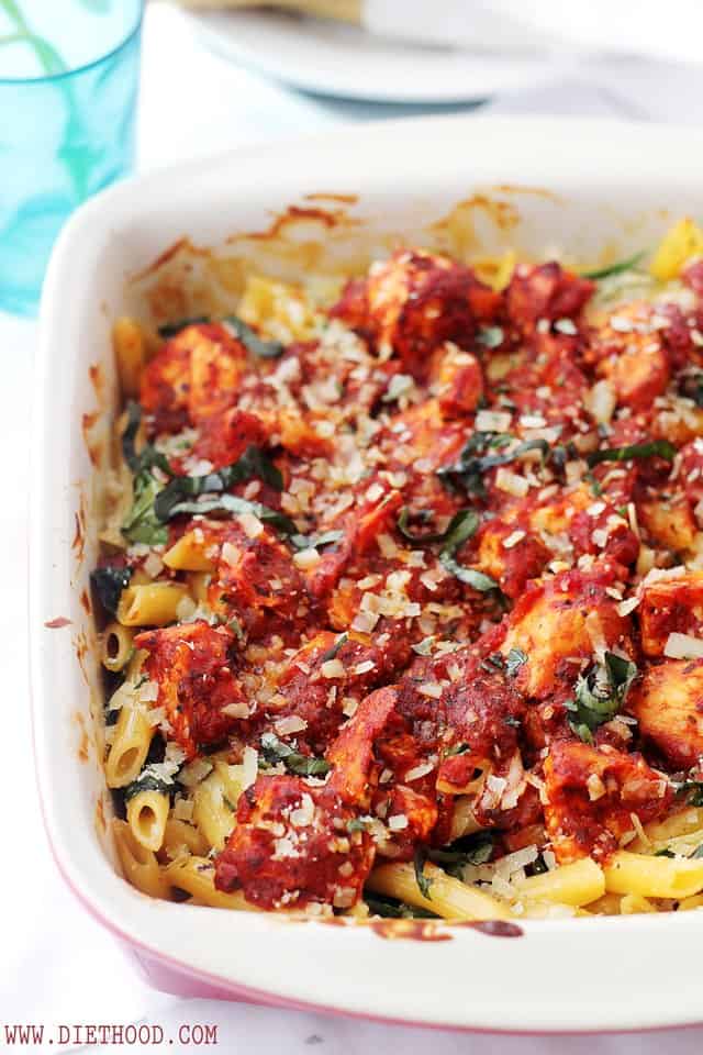 Cheesy Chicken Pasta Bake | www.diethood.com | Creamy, cheesy pasta, chicken, and spinach tossed with tomato sauce and baked until bubbly and delicious! | #recipe #chicken #pasta
