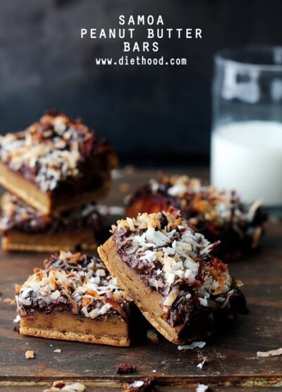 Samoa Peanut Butter Bars | www.diethood.com | Gluten free and delicious Peanut Butter Bars topped with all the sweet Samoa cookie fixings! | #recipe #peanutbutter #samoas
