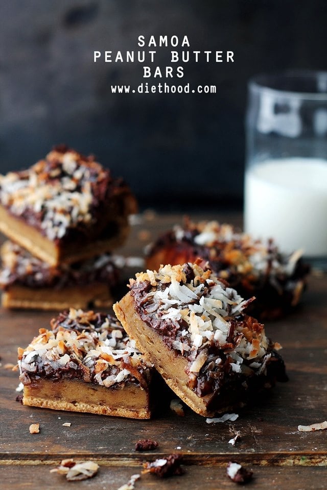 Samoa Peanut Butter Bars | www.diethood.com | Gluten free and delicious Peanut Butter Bars topped with all the sweet Samoa cookie fixings! | #recipe #peanutbutter #samoas