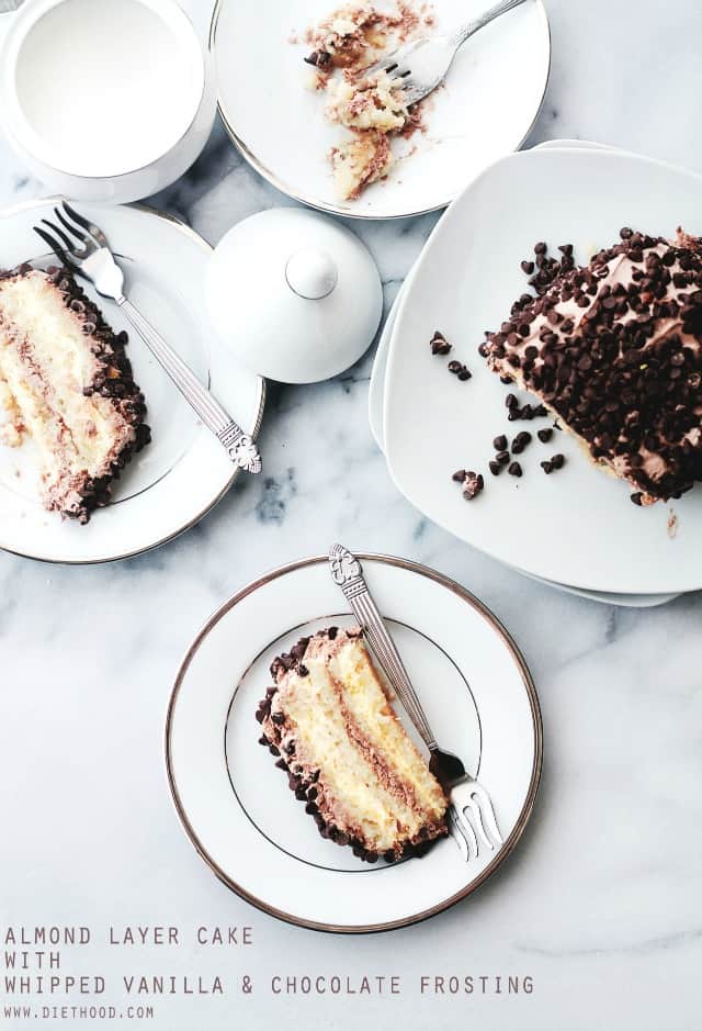 Almond Layer Cake with Whipped Vanilla and Chocolate Frosting | www.diethood.com | Gluten-Free Almond Layer Cake made with egg whites and almond flour, filled with creamy, luscious layers of Vanilla and Chocolate Frosting. | #recipe #cakes #chocolate #glutenfree