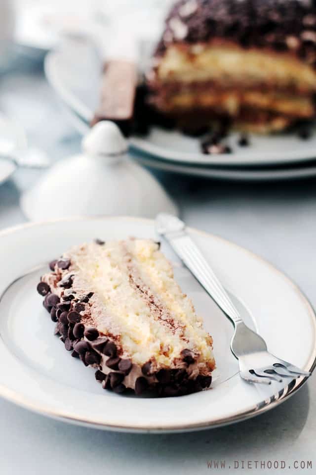 Almond Layer Cake with Whipped Vanilla and Chocolate Frosting | www.diethood.com | Gluten-Free Almond Layer Cake made with egg whites and almond flour, filled with creamy, luscious layers of Vanilla and Chocolate Frosting. | #recipe #cakes #chocolate #glutenfree