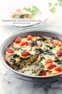 Hashbrowns, Spinach and Tomato Pie in a piie tin.
