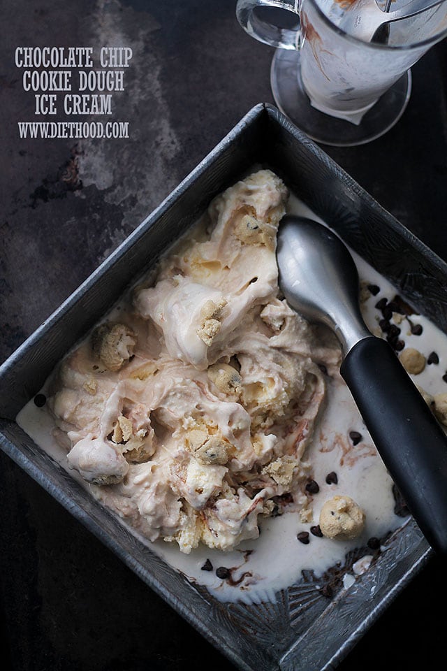 Chocolate Chip Cookie Dough Ice Cream served in a baking pan