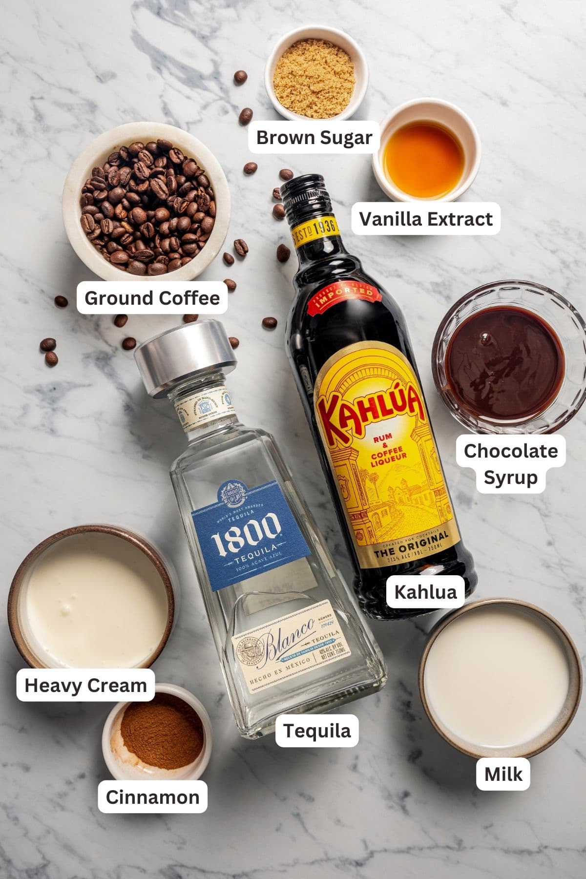 Ingredients for Mexican coffee with text labels overlaying each ingredient.