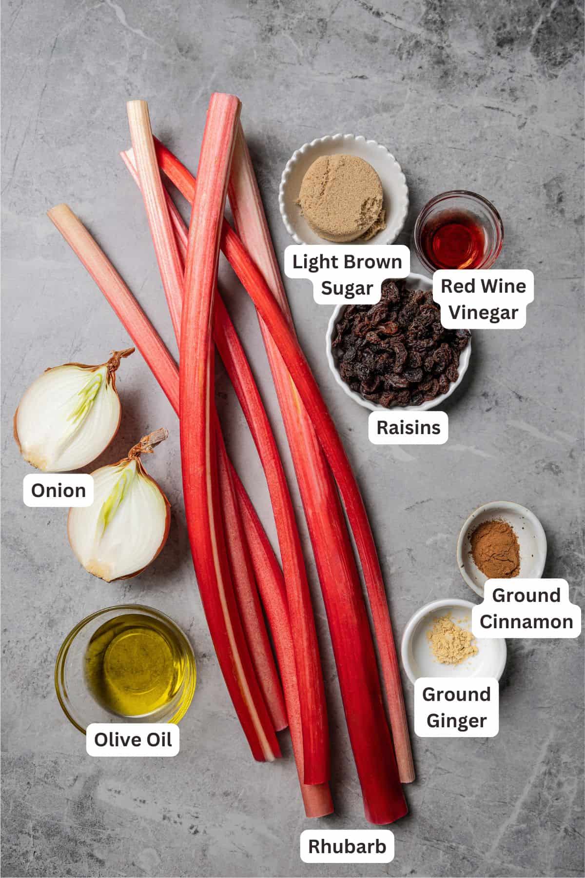 This easy rhubarb chutney is the best way to use fresh rhubarb! It’s sweet and tangy with warm spice, and delicious with just about anything! Rhubarb chutney ingredients with text labels overlaying each ingredient.