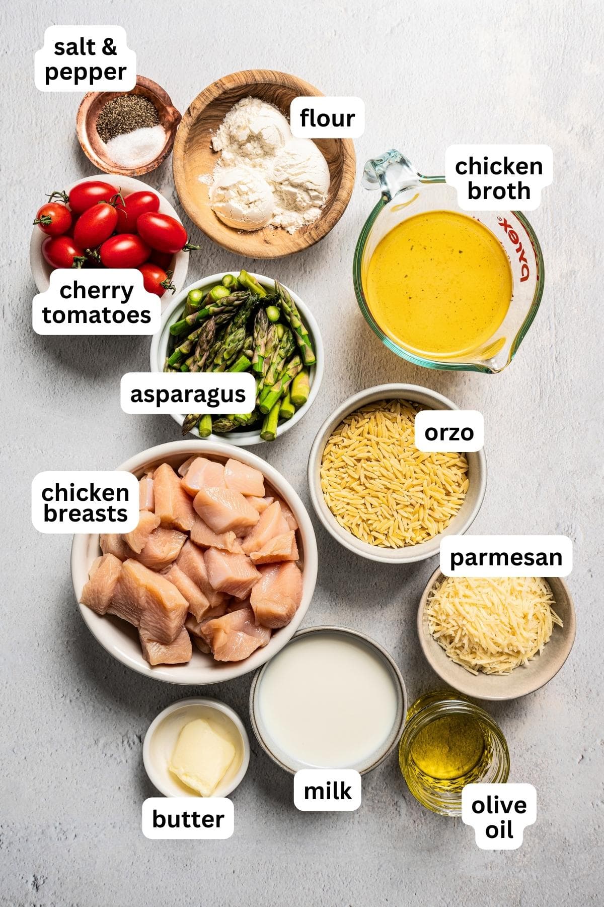 Overhead view of all the ingredients that will be used to make chicken orzo.