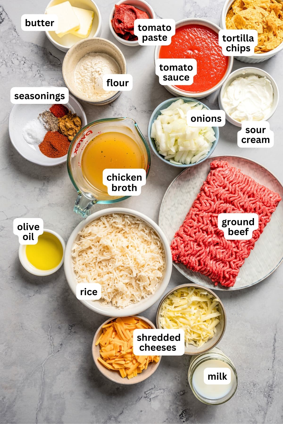 Overhead view of all the ingredients used for Taco Casserole.