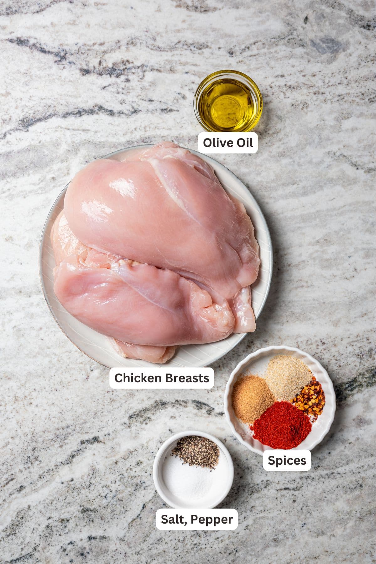 Make crispy air fryer chicken bites in just 15 minutes! Pair these juicy bites with your favorite dipping sauce for an easy meal or appetizer. Ingredients for air fryer chicken bites with text labels overlaying each ingredient.