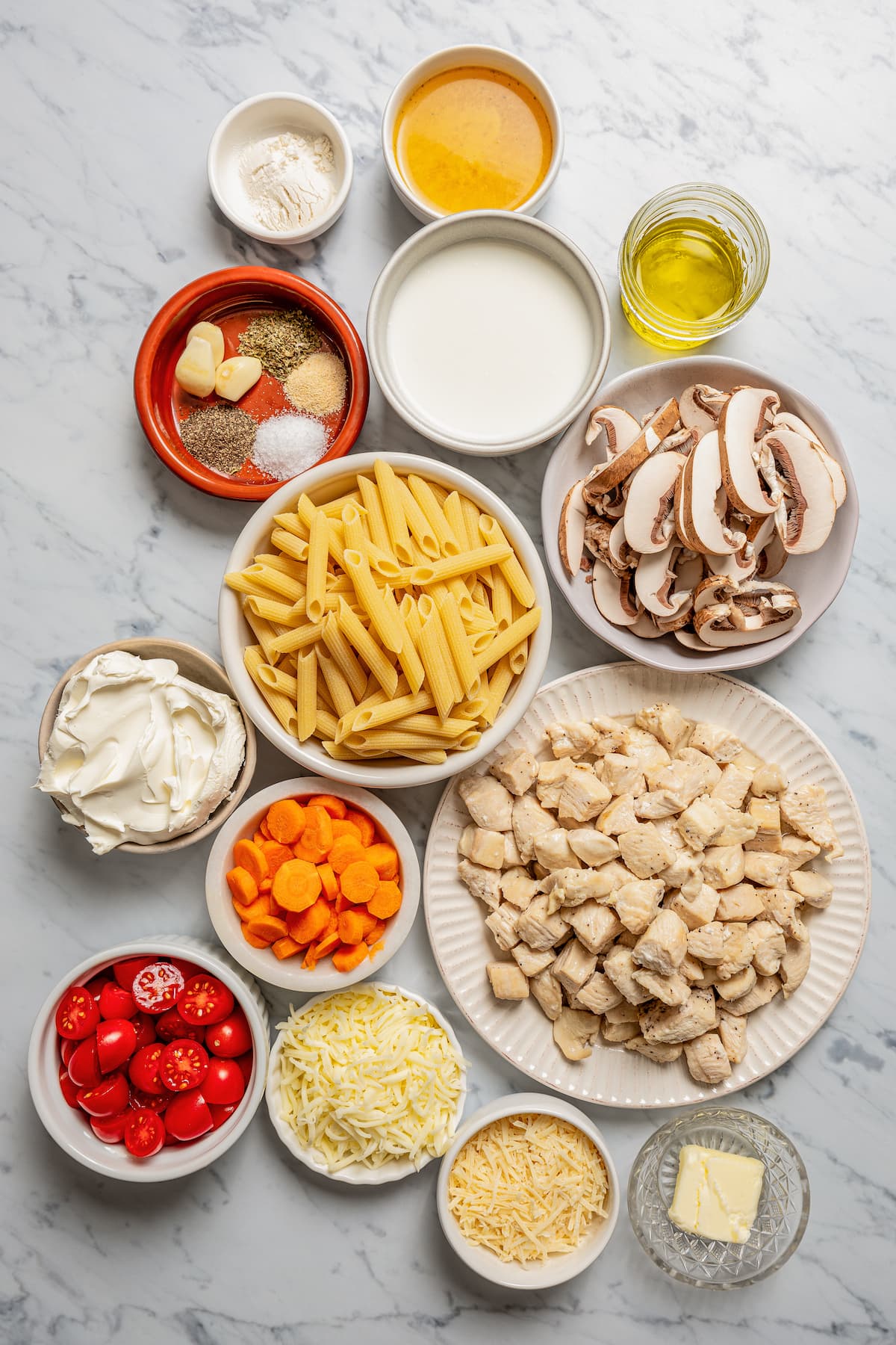 Ingredients for chicken pasta casserole.