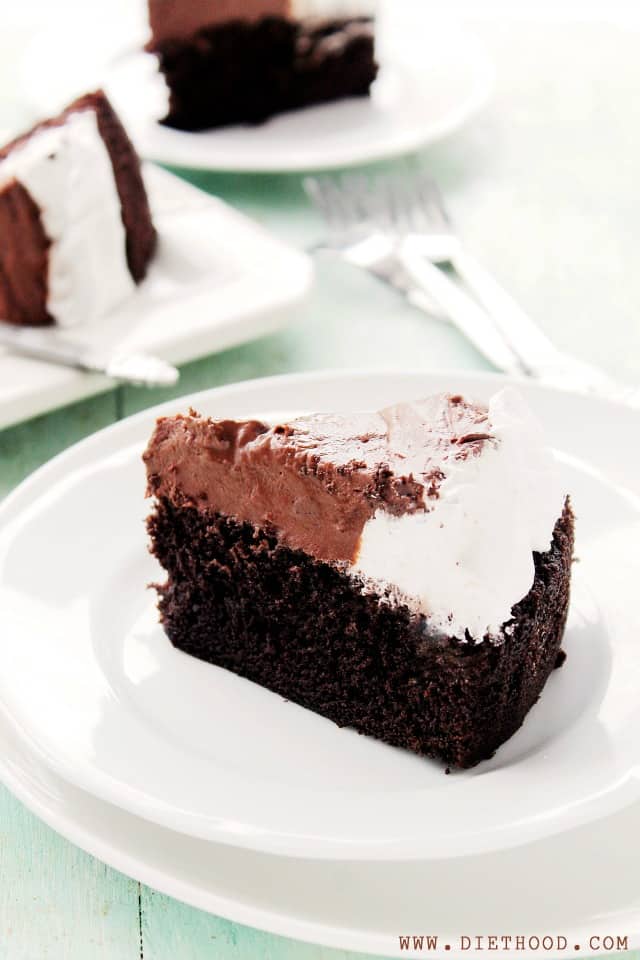 Chocolate Mousse Cake | www.diethood.com | Moist, scrumptious layer of Chocolate Cake topped with a delicious layer of Mousse and Whipped Vanilla Frosting. | #chocolate #chocolatecake #recipes