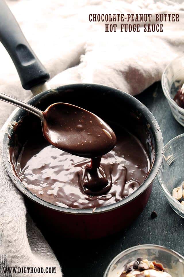 Chocolate Peanut Butter Hot Fudge Sauce at Diethood | www.diethood.com | A delicious recipe for hot fudge sauce made with Chocolate Chips and Peanut Butter. | #recipe #icecream #peanutbutter #chocolate