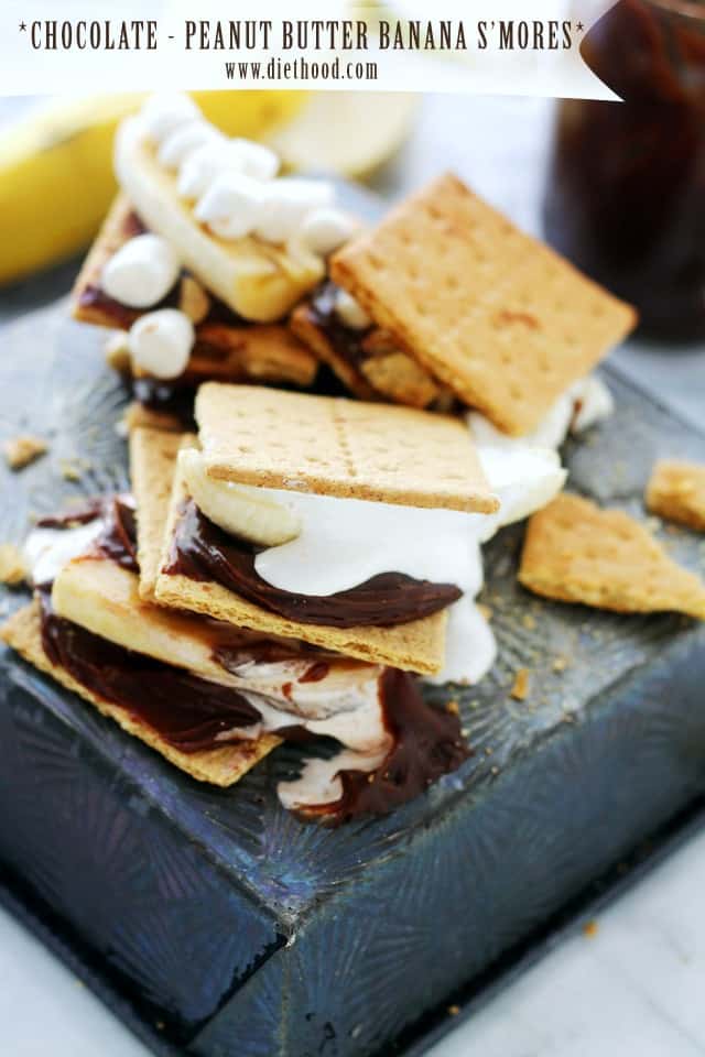Chocolate Peanut Butter Banana S'mores | Chocolate Peanut Butter Banana S'mores | www.diethood.com | S'mores just got WAY BETTER! | #recipe #smores #dessert
