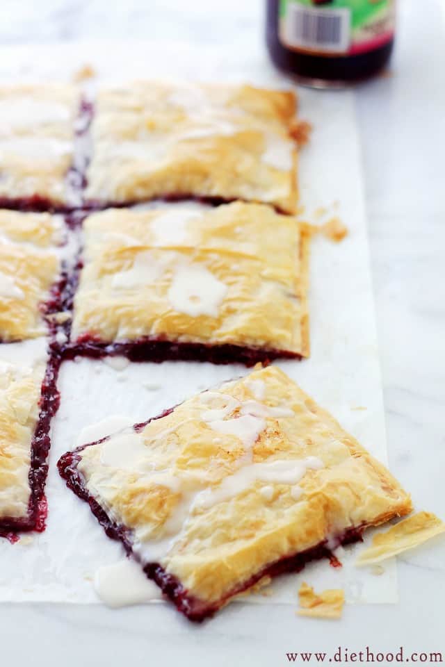 Pop tarts made of phyllo sheets and filled with jam.