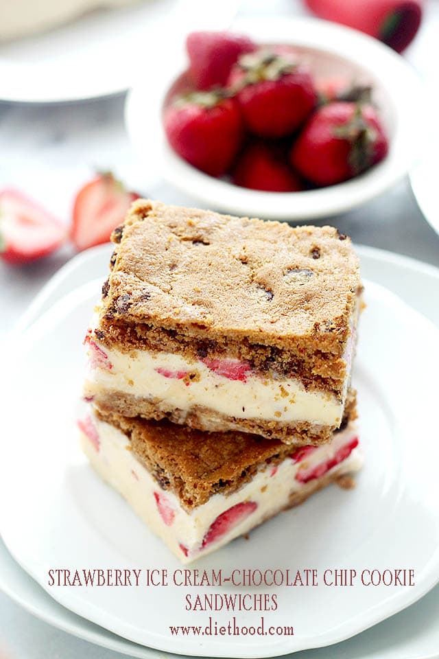 Strawberry Ice Cream-Chocolate Chip Cookie Sandwiches | www.diethood.com | Nestling your favorite homemade Strawberry Ice Cream between Chocolate Chip Cookies is never a bad thing! | #TheIncredibleHull #recipe #icecream #strawberries