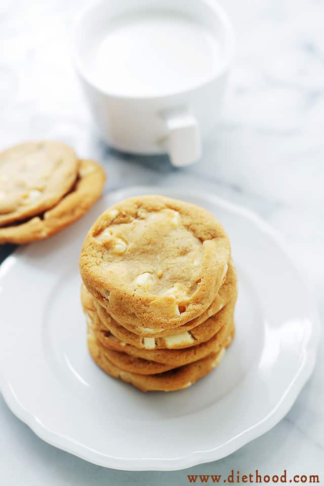 Overhead view of White Chocolate Chunk Cookies stacked on a plate
