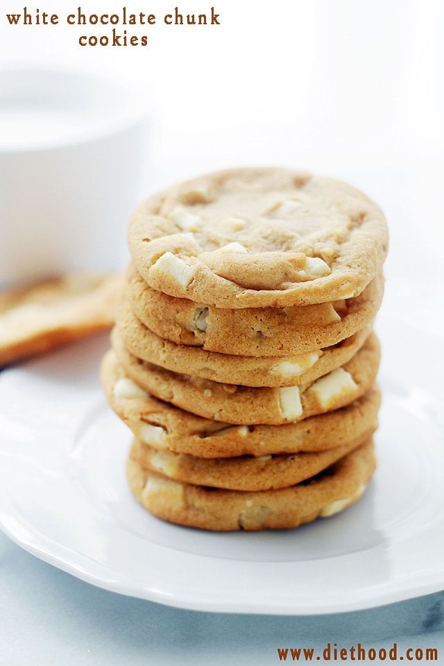 White Chocolate Chunk Cookies stacked on a plate
